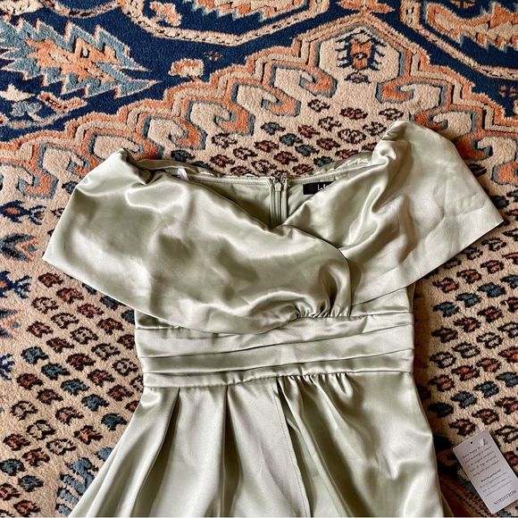 Lulu’s Always Celebrating Sage Green Satin Off-the-Shoulder Mini Dress - Picture 5 of 11